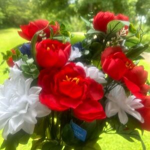 Artificial flowers, red white blue with silver stars